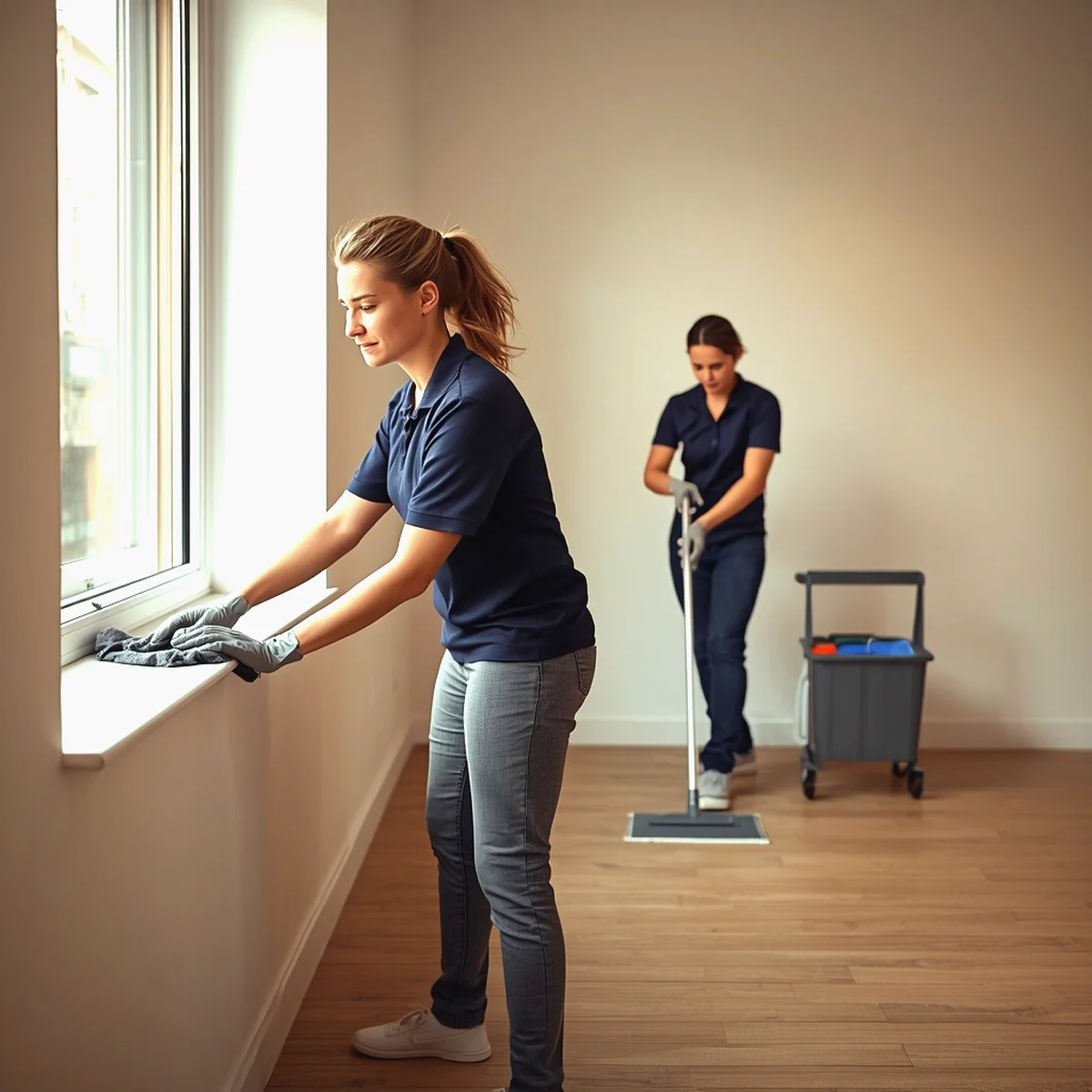Two cleaners working in a home