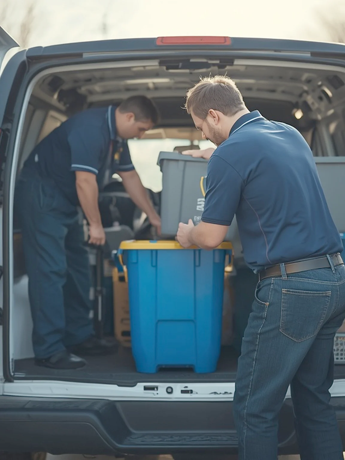 Crew loading the van at sunrise