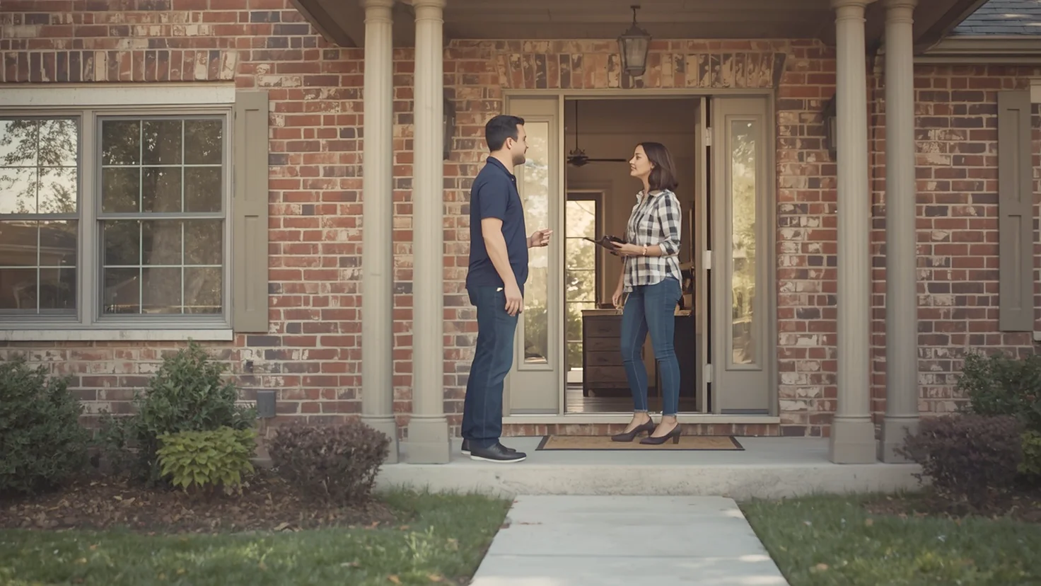 Cleaner greeting a homeowner at the door